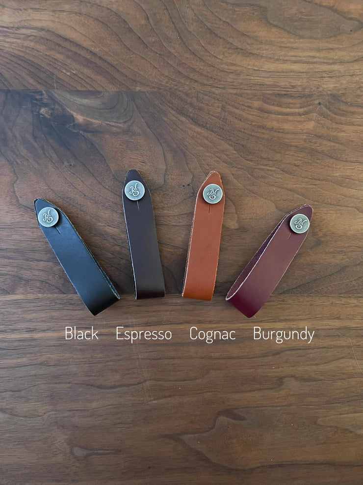 Native Sons Goods guitar headstock adapter leather straps in black espresso cognac and burgundy colors