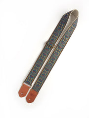 Native Sons Goods vintage style guitar strap with blue floral pattern and leather ends