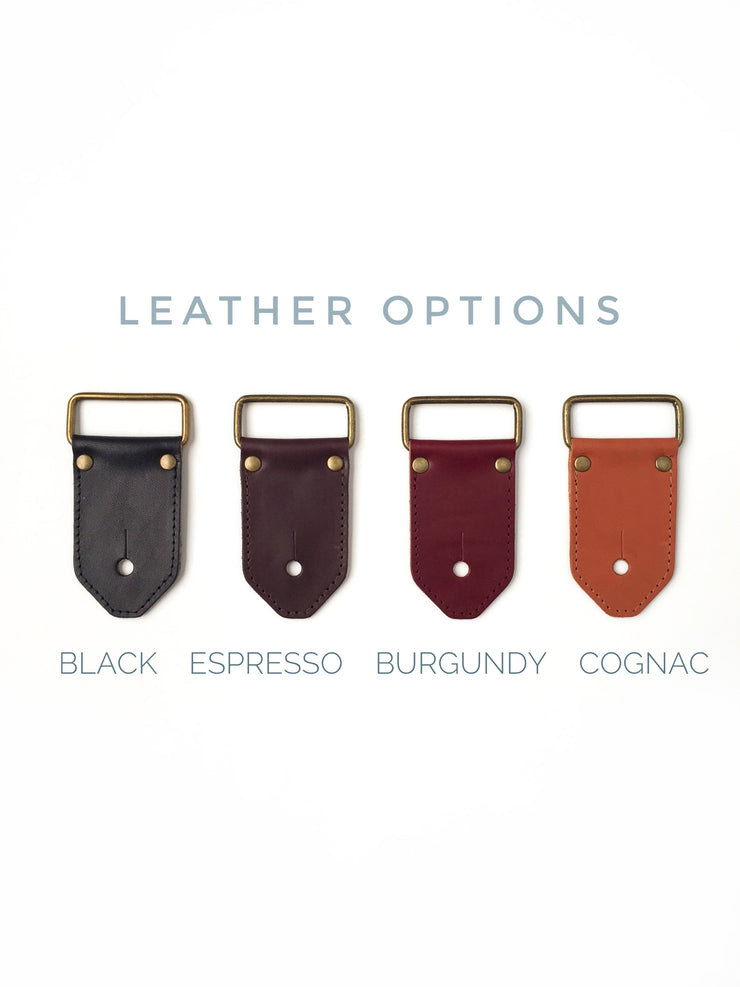 Leather options for vintage style guitar strap in black espresso burgundy and cognac colors